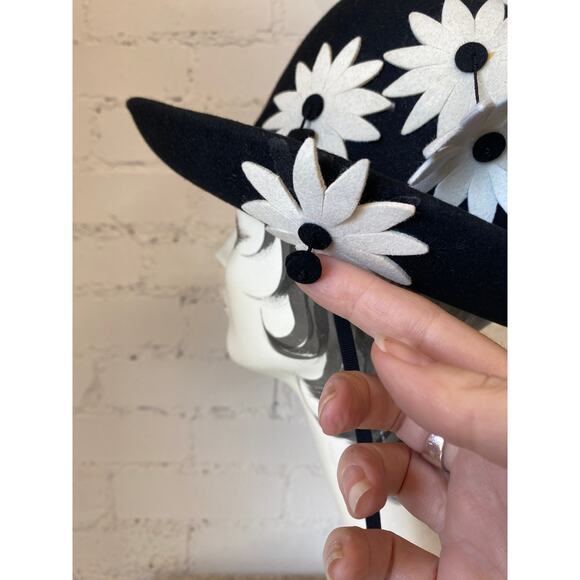 vintage 1960s Adolfo black wool wide brim hat with daisies 60s designer mod main image 8